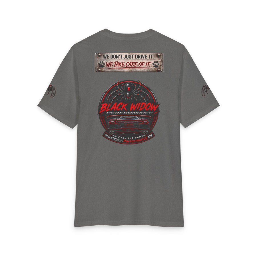 Black Widow Corvette Tee with stylized American flag silhouette on black fabric