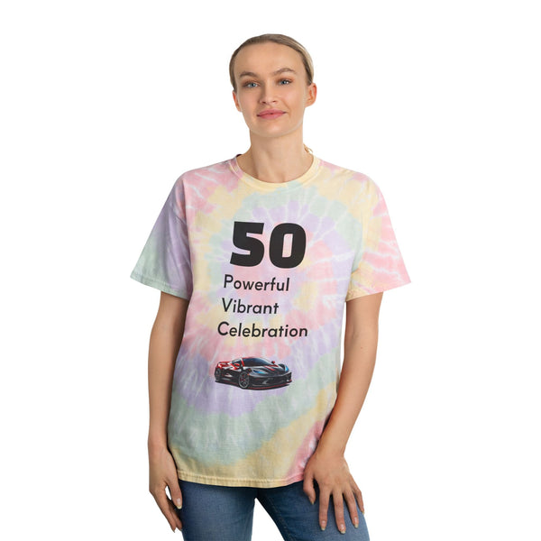 Black Widow Corvette 50th Spiral Tie-Dye Tee with black-centered spiral and faded black tie-dye design