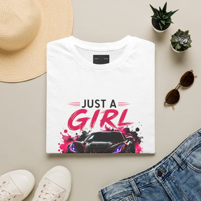 Women's lightweight Girls Drive Fast Too Corvette C8 T-shirt with bold chest print and subtle sleeve details