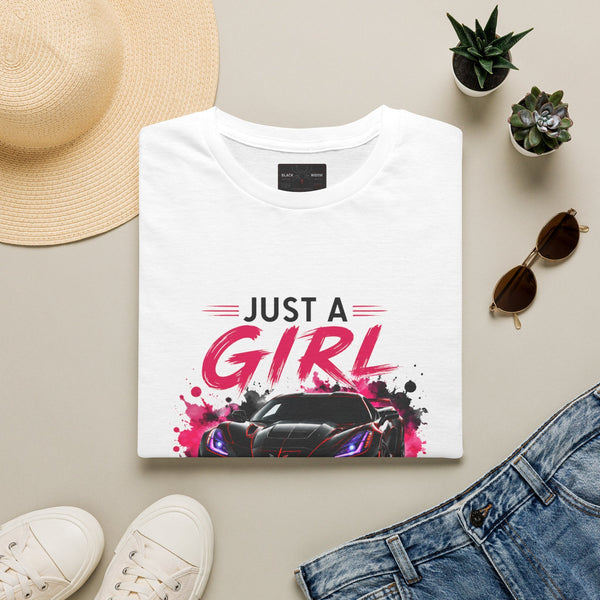 Women's lightweight Girls Drive Fast Too Corvette C8 T-shirt with bold chest print and subtle sleeve details