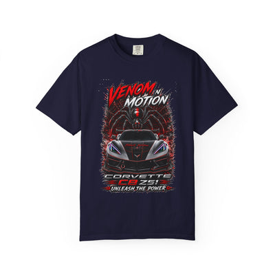 Venom in Motion Corvette C8 T-Shirt with Black Widow Performance graphic, heavyweight garment-dyed cotton tee