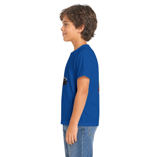 Kids black C8 Corvette Black Widow tee with sports car motif and ribbed collar