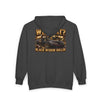 Black Widow full-zip hoodie in Saints colors with bold graphic and adjustable hood