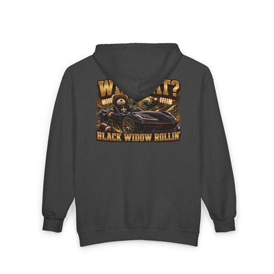 Black Widow full-zip hoodie in Saints colors with bold graphic and adjustable hood