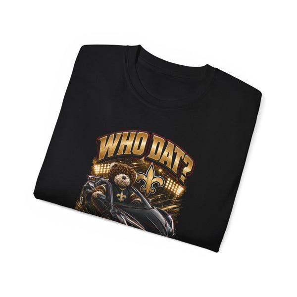 Black Widow Who Dat? racing graphic tee with vintage cotton and bold chest design