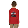 Youth Long Sleeve Tee — 'Be Nice You Jerk' Spider Graphic Front & Black Widow Performance Car Back