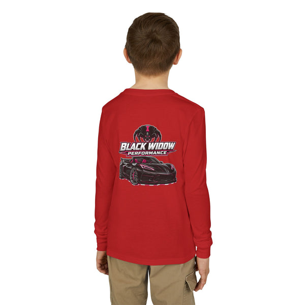 Youth Long Sleeve Tee — 'Be Nice You Jerk' Spider Graphic Front & Black Widow Performance Car Back