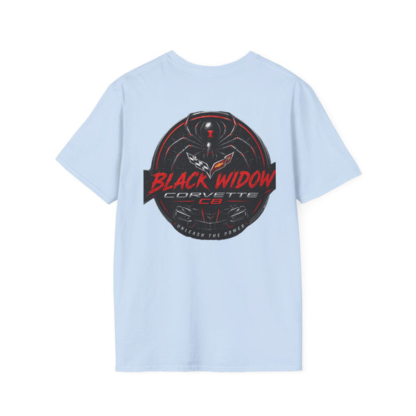 Black Widow Corvette R.I.P. Twenties T-shirt with vintage 1920s design and size chart