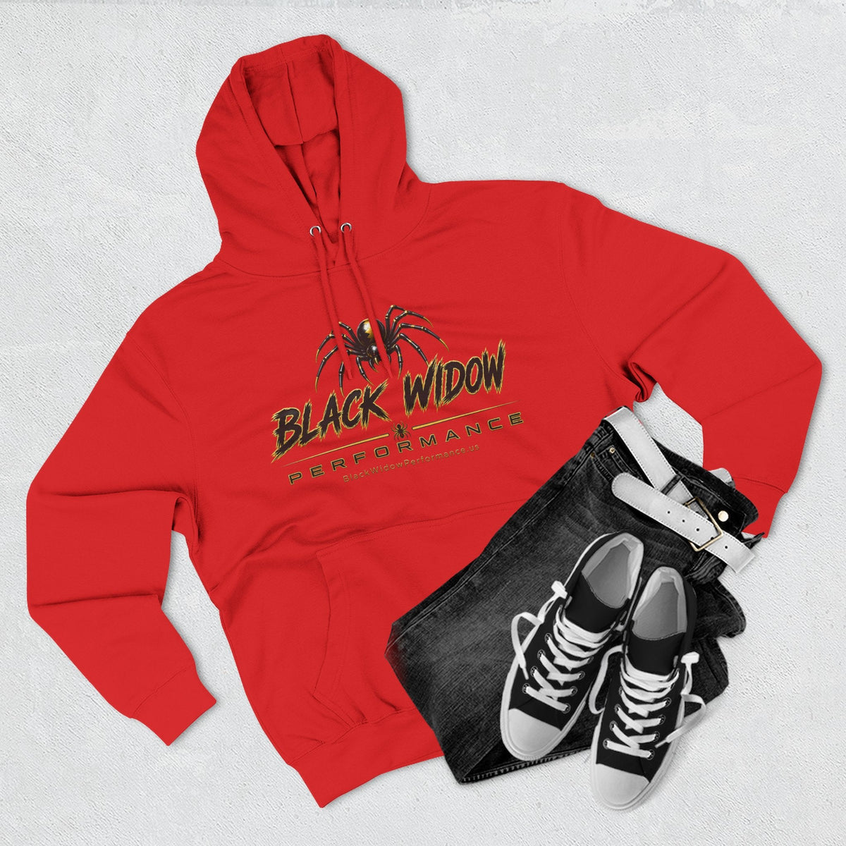 Black Widow Performance Hoodie medium-heavy fleece pullover with spider logo and Game Day racing graphic