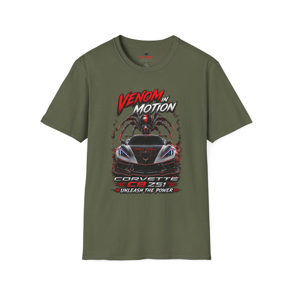Black Widow Performance Venom in Motion Corvette tee with racing spider graphic on black crewneck shirt