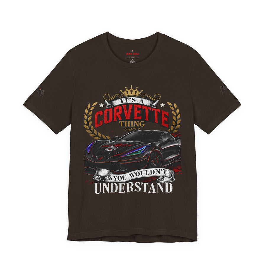 Black Widow Corvette C8 Tee with snarling Corvette graphic and "Unleash the Power" text on lightweight black cotton shirt