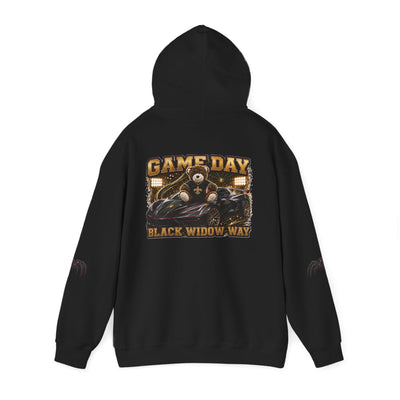 Black Widow Performance Hoodie with racing graphic and spider accents on sleeves