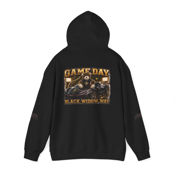 Black Widow Performance Hoodie with racing graphic and spider accents on sleeves