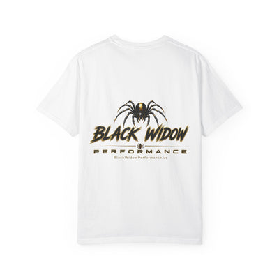 Venom in Motion Corvette C8 t-shirt with black widow performance graphic on black garment-dyed cotton