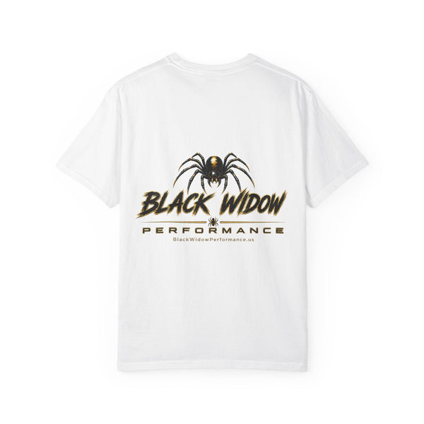 Venom in Motion Corvette C8 t-shirt with black widow performance graphic on black garment-dyed cotton