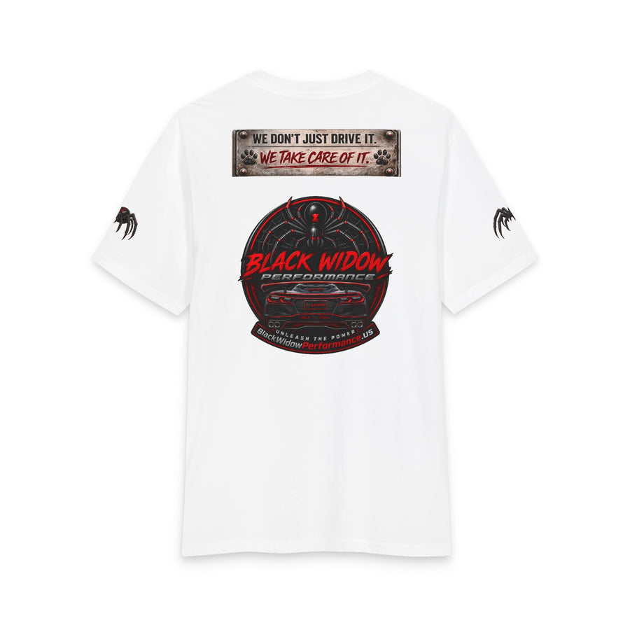 Black Widow Corvette Tee with American flag silhouette on black fabric