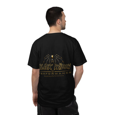 Venom in Motion Corvette C8 T-shirt with black widow graphic and bold car design in black