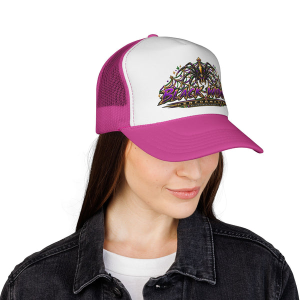Black Widow Performance Trucker Hat — Retro Skull & Arachnid Mesh Cap
