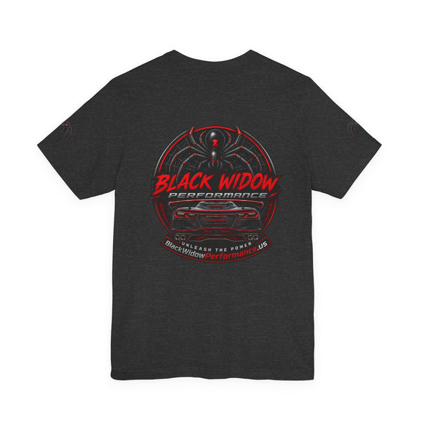 Black Veteran Corvette C8 Tee with Black Widow Performance graphic on black Bella+Canvas 3001 t-shirt