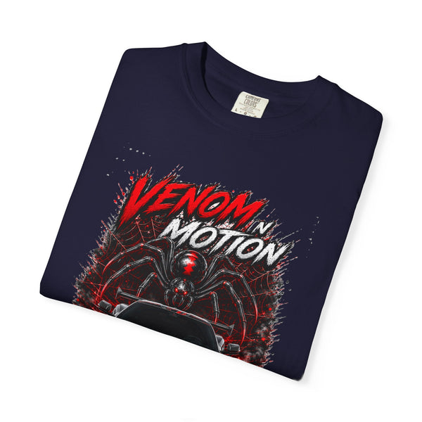 Venom in Motion Corvette C8 T-shirt with black widow performance design and relaxed fit