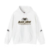 Black Widow Performance Hoodie with racing graphic and spider accents in black cotton-poly blend