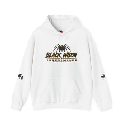 Black Widow Performance Hoodie with racing graphic and spider accents in black cotton-poly blend