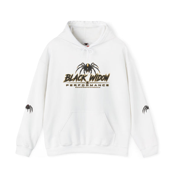 Black Widow Performance Hoodie with racing graphic and spider accents in black cotton-poly blend