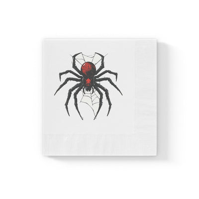 Black Widow Spider cocktail napkin with embossed edges and vivid red abdomen design on white three-ply paper.