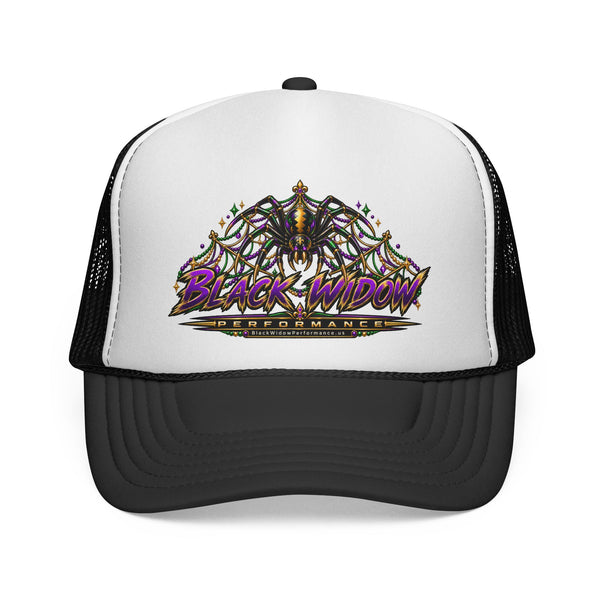 Black Widow Performance Trucker Hat — Retro Skull & Arachnid Mesh Cap