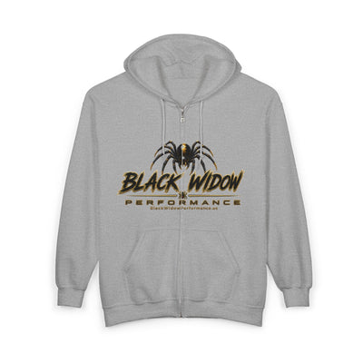 Black Widow full-zip hoodie in Saints colors with bold graphic and adjustable hood