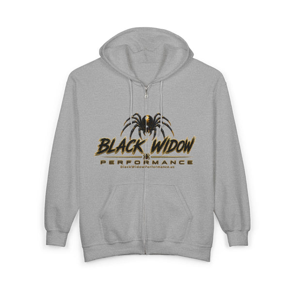 Black Widow full-zip hoodie in Saints colors with bold graphic and adjustable hood