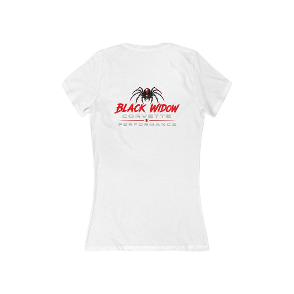 Women’s slim-fit Corvette Cowgirl V-neck tee in retro pink with vintage car and bow graphic, breathable cotton