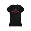 Women’s slim-fit Corvette Cowgirl V-neck tee with retro pink car and bow graphic on front and Black Widow logo on back