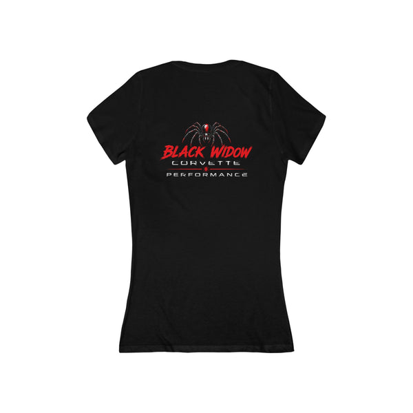 Women’s slim-fit Corvette Cowgirl V-neck tee with retro pink car and bow graphic on front and Black Widow logo on back