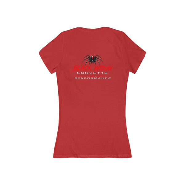 Women's retro pink Corvette Cowgirl V-Neck Tee with distressed car and bow graphic