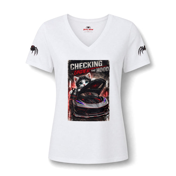 Checking Under The Hood Tee — Women's V-Neck Cat & Sports Car Graphic