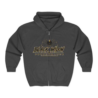 Black Widow zip hoodie in Saints colors with bold graphic and adjustable hood