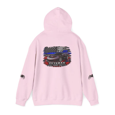 Veteran ’Merica Car Flag Hoodie with patriotic Corvette design and cozy kangaroo pocket