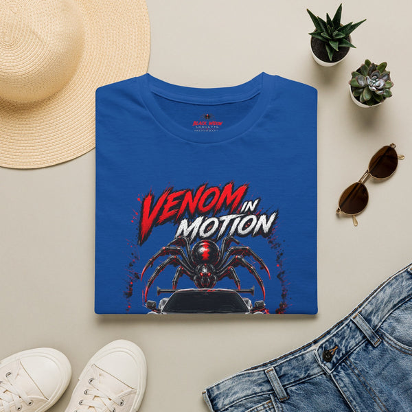 Black Widow Performance Venom in Motion Corvette racing spider graphic t-shirt on black crewneck