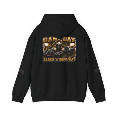 Black Widow Performance Hoodie black heavyweight cotton-poly pullover with racing graphic and spider accents
