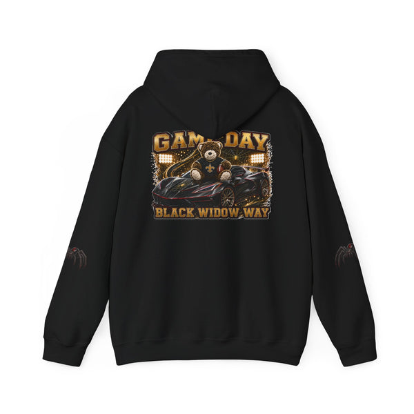Black Widow Performance Hoodie black heavyweight cotton-poly pullover with racing graphic and spider accents