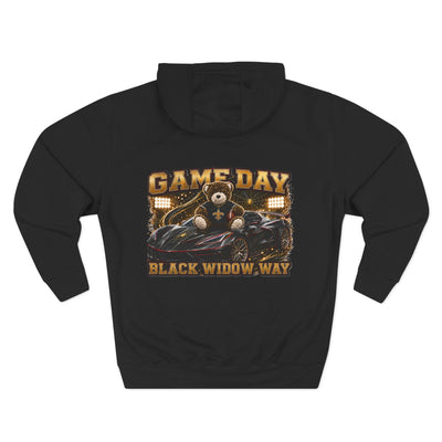 Black Widow Performance Hoodie medium-heavy fleece pullover with spider logo and Game Day racing graphics