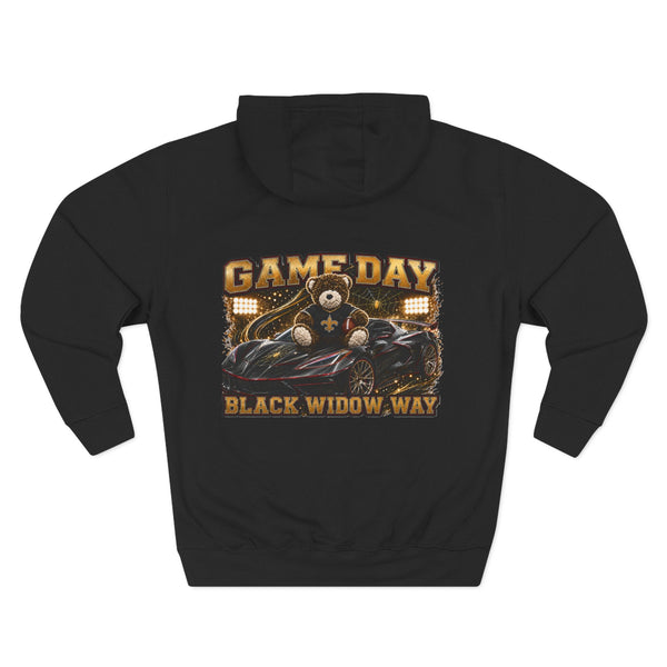 Black Widow Performance Hoodie medium-heavy fleece pullover with spider logo and Game Day racing graphics