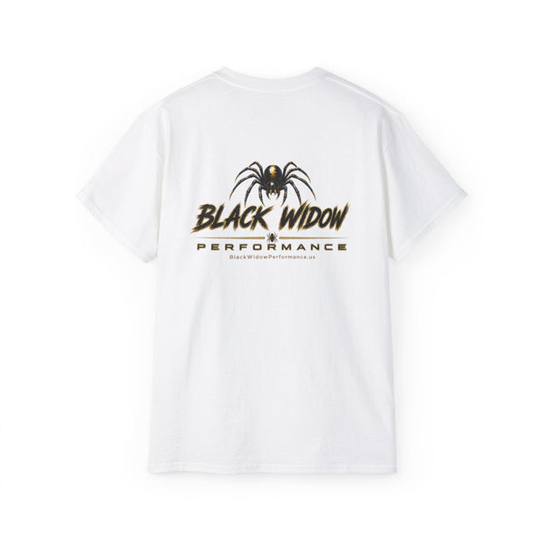 Black heavyweight Who Dat? Black Widow racing graphic tee with low silhouette and black widow emblem