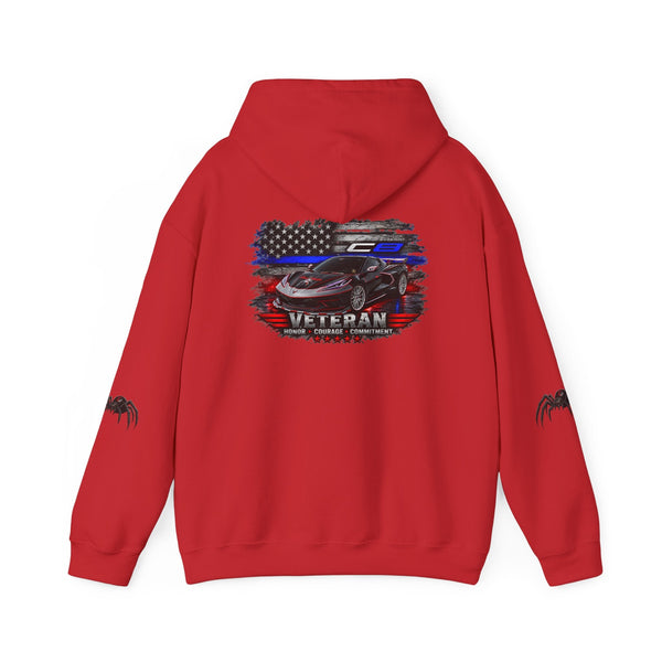 Veteran ’Merica Car Flag Hoodie with patriotic Corvette and distressed American flag design on midweight pullover