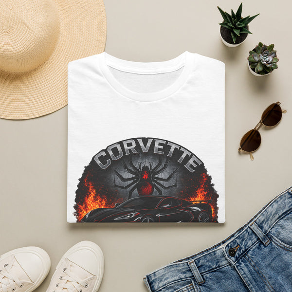 Corvette Black Widow Tee — Muscle Car Graphic T‑Shirt with Spider & Flames