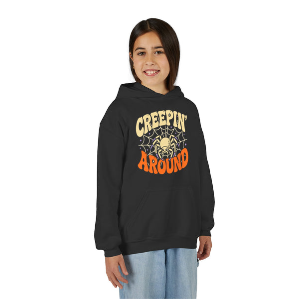 Youth Hoodie – "Creepin' Around" Halloween Spider Skull Design