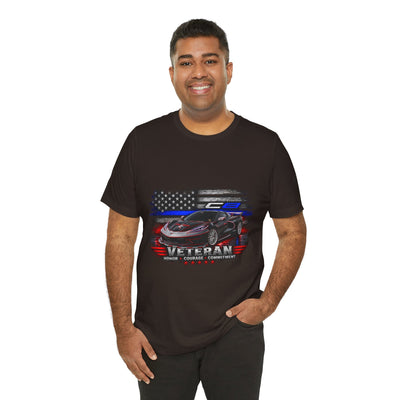 Black Veteran Corvette C8 Tee with Black Widow Performance graphic and size guide tables