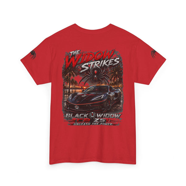 Black Widow Corvette vintage style performance graphic tee with muscle car design and open road theme