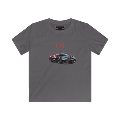 Kids C8 Corvette Black Widow tee with sleek sports car design on black fabric